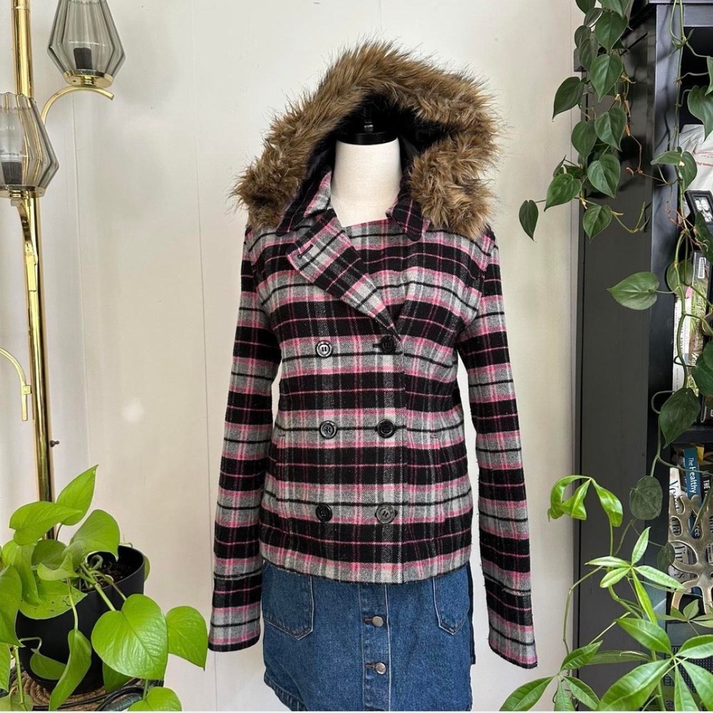 Victoria's Secret Pink Plaid Cropped Pea Coat Faux Fur Hood Pink Black Gray M